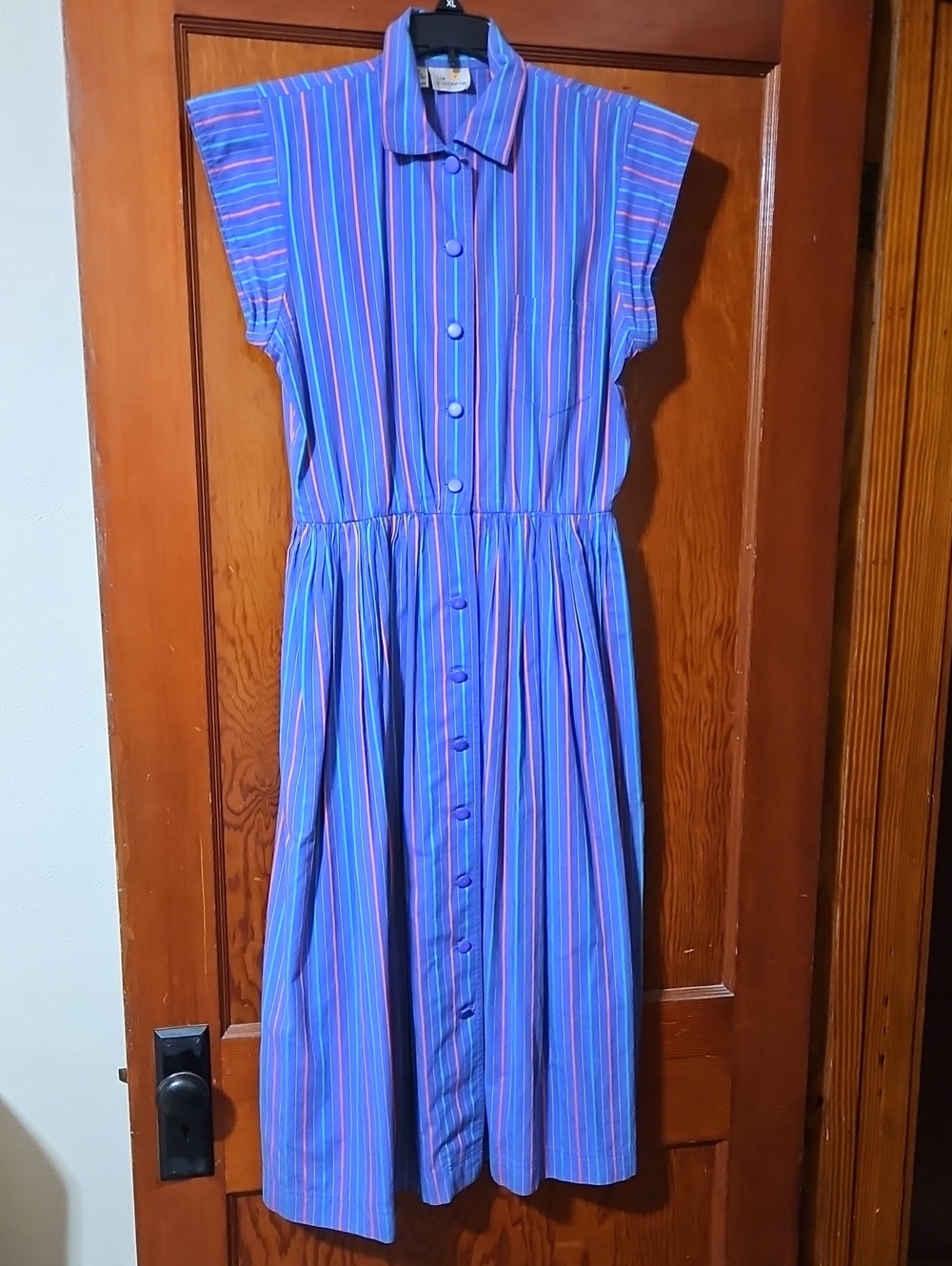 Vintage Liz Claiborne Purple Pink Teal Striped Cotton Midi Dress Size 6 - Picture 1 of 7
